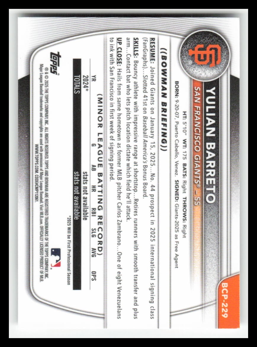 2025 Bowman Chrome Prospects Laser Refractors #BCP229 Yulian Barreto