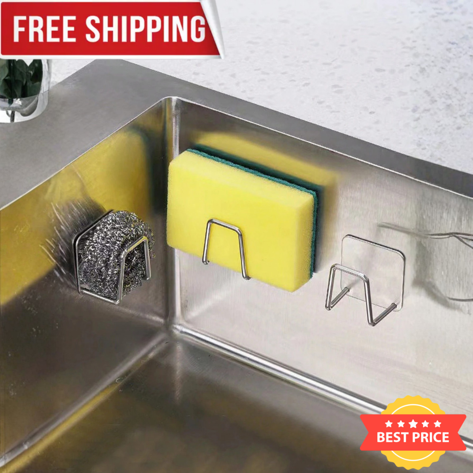 2P Stainless Steel Sink Sponge Holder Adhesive Kitchen Caddy Organizer Household
