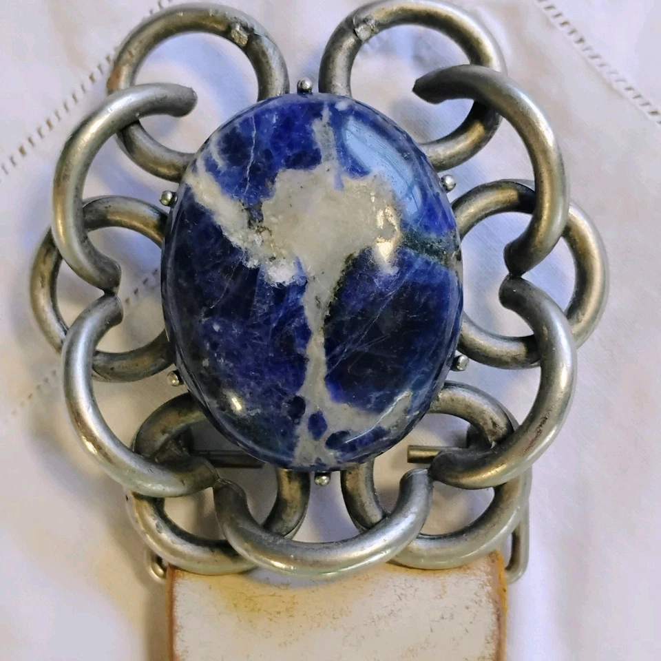 Lucky Brand Womens Belt 32 Leather Sodalite Medallion Stone Western Cowgirl BOHO - Image 2 of 4