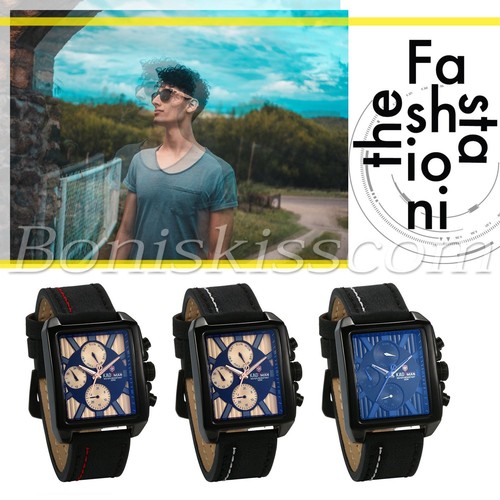 Mens Fashion Sport Leather Band Square Dial Date Week Display Quartz Wrist Watch - Picture 3 of 23