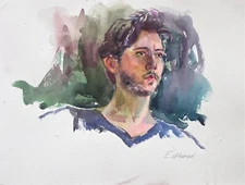 YOUNG MAN  Signed Original Watercolor Portrait Handsome Dark Hair Goatee Realism