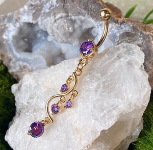 Authentic 14kt Gold Plated CZ Gem Vine Dangle Belly Ring Navel Piercing Pierced Naval