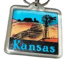 Vintage Kansas Windmill Plains Farm Grain Crops Farming Keychain Key Ring Chain