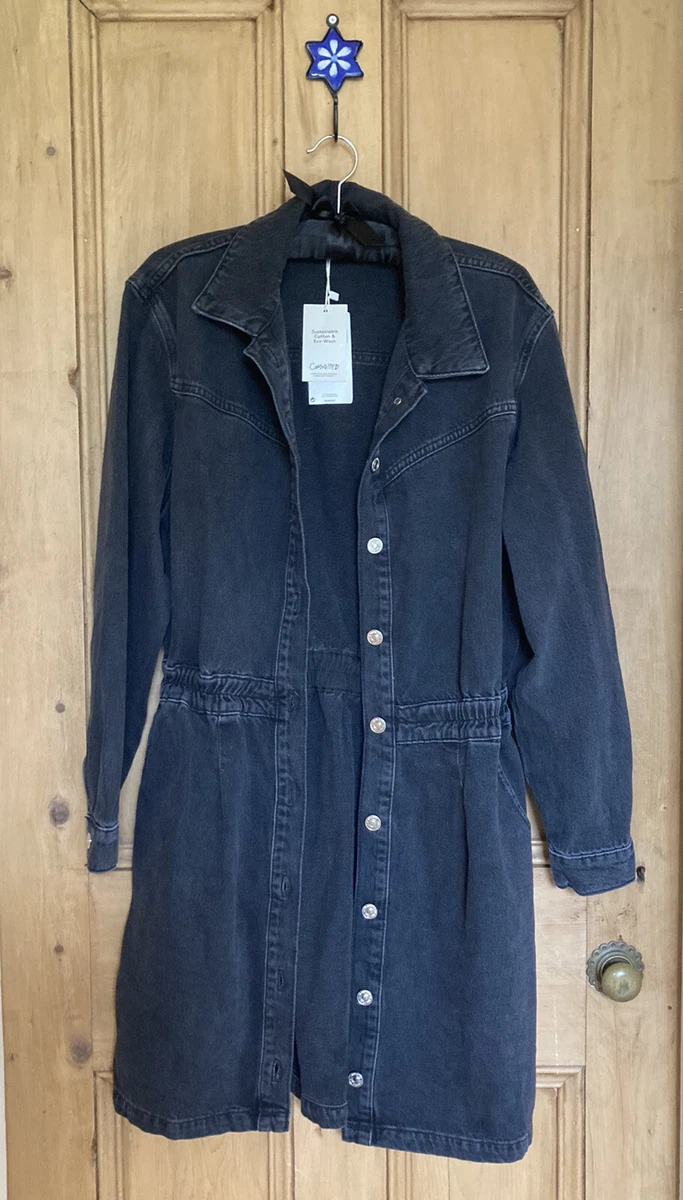 Retro 90s Black Stonewashed Denim MANGO Shirt Dress Long Jacket Coat L UK12 14