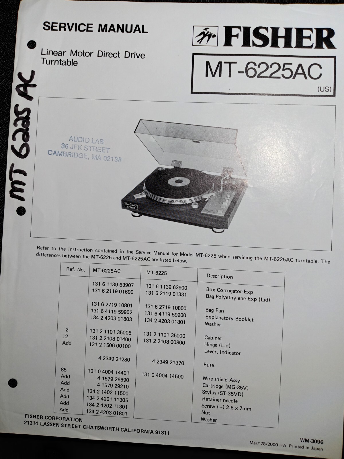 Fisher MT-6225AC Direct Drive Turntable Service Manual Original