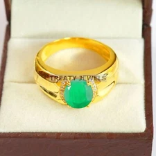 Emerald Oval Cut With 925 Sterling Silver Gold Plated Ring For Men's #B3