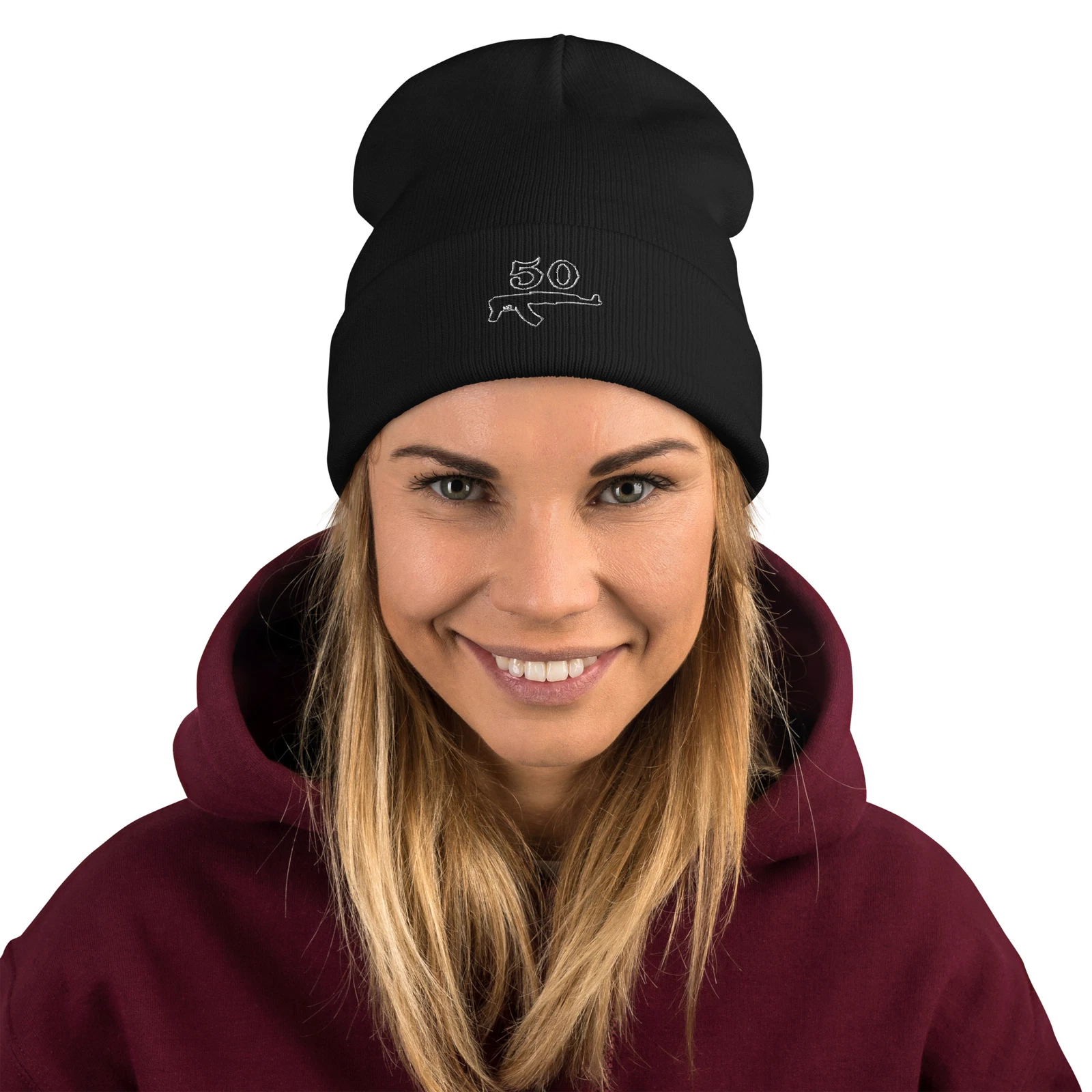 50 Logo Black Embroidered Beanie