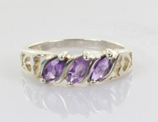 Three Stone Marquise Amethyst Ring in Sterling Silver Size 8