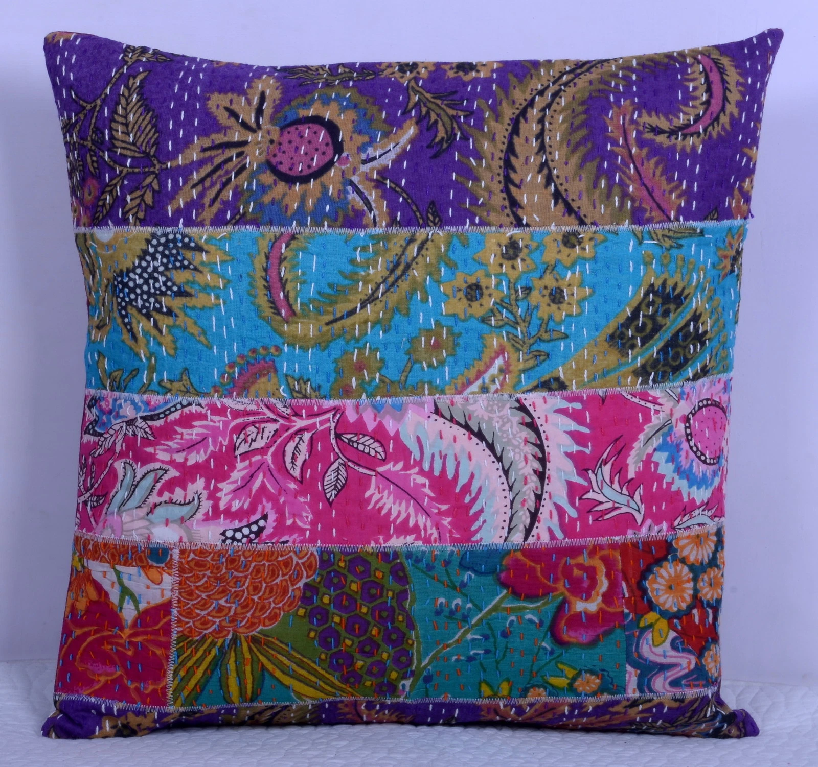 Kantha Patchwork Cushion Cover Gorgeous Pillow Cover Cotton Throw 16" Sofa Case