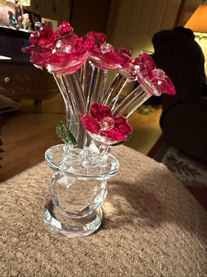Elegant Crystal Red Flowers In A Beautuful Etched Diamond Crystal Vase