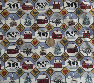 Concord Fabric Cheater Quilt Winter Village Scene Silver Metallic Accent 3½ Yds