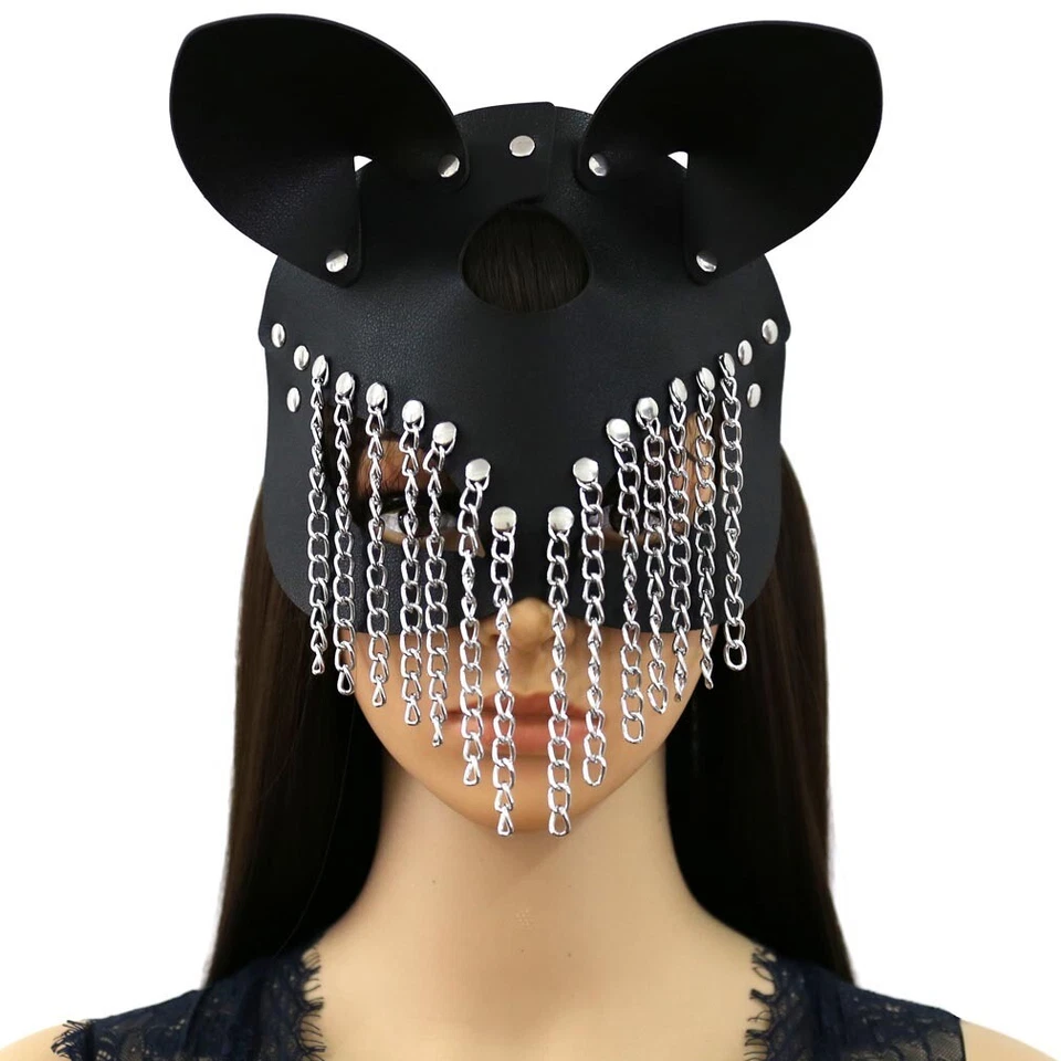 Allacki Leather Chain Tassels Bunny Eye Mask Punk BDSM Party Accessories - Image 2 of 4