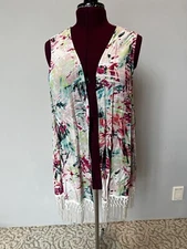 CJ Banks Top 1X Pretty Floral Print Open Front Outfit Topper Vest With Fringe