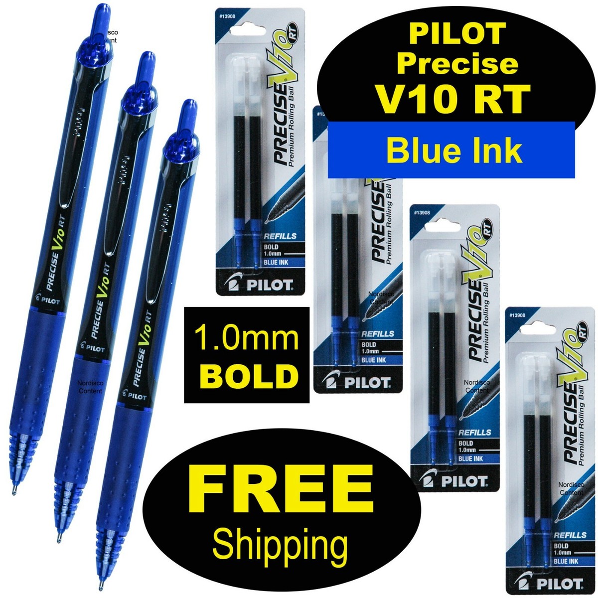 Pilot Precise V10 RT, 3 Pens, 4 Packs of Refills, Blue Ink, 1.0mm