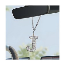 Bling Initial Car Rear View Mirror Ornament, Crystal Pendant Auto Mirror Deco...