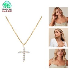 14K Gold Plated Women's Cross Necklace with AAA Cubic Zirconia - 19 Inch Chain