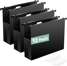 Extra Capacity Plastic Hanging File Folders, 12 Pack, Letter, Black Reinforced