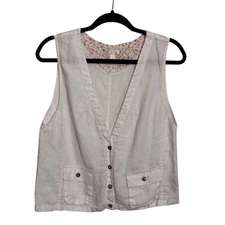 Kleen Size Small White Linen Lagenlook V-Neck Button Up Sleeveless Blouse Top