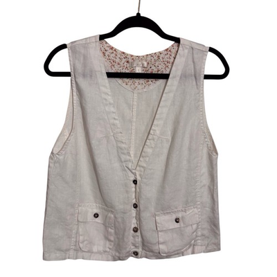 #ad Kleen Size Small White Linen Lagenlook V Neck Button Up Sleeveless Blouse Top $12.99