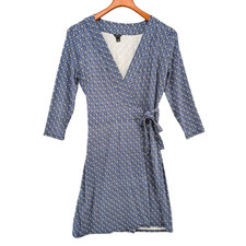 Ann Taylor Wrap Dress Blue Tile Print 3/4 Sleeve Jersey Knit Knee Length Size 4