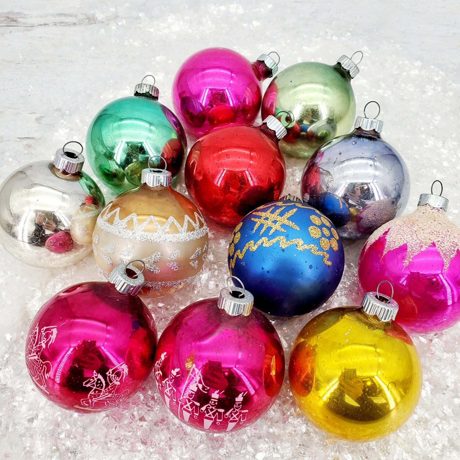 Vintage Shiny Brite USA Muticolored Stenciled Mercury Glass Ornaments in Box