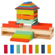 Classic Wooden Building Blocks Set, 100PCS Solid Wood Blocks in 9 Colors Stac...
