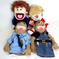 Hand Puppets Lot of 4, Policeman, Carpenter , 2 guys. May need repair PLZ READ