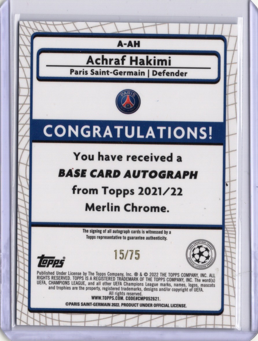 2021-22 Topps Merlin Chrome UCL Achraf Hakimi Auto PSG Blue Refractor 15/75 view 2