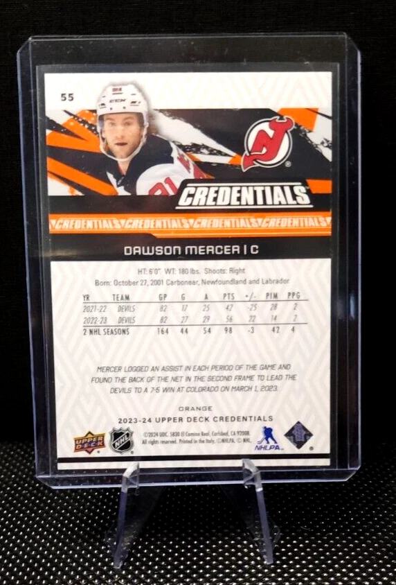 2023-24 Upper Deck Credentials DAWSON MERCER #55 Base Orange #191/249 NJ Devils - Image 2 of 2