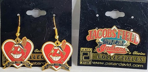 CLEVELAND INDIANS Chief Wahoo Earrings I Love The Tribe & Jacobs Field Lapel Pin - Picture 1 of 10