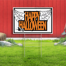 HAPPY HALLOWEEN SPIDER WITCH ORANGE Yard Sign with Stand LAWN SIGN