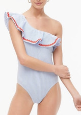 NEW J.Crew Blue White Seersucker ONE- SHOULDER RUFFLE Striped SWIMSUIT sz XL