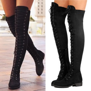 Details about Women\u0027s Black Lace Up Side Zip Over Knee Boots Thigh High Combat Low Heel Shoes