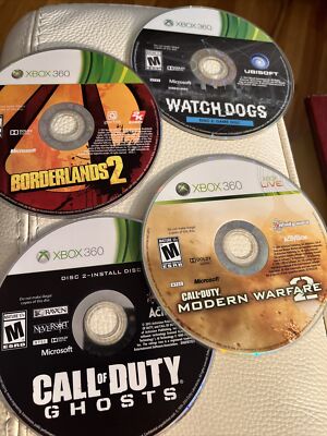 LOT OF 4 Xbox 360 MISC DISCS CALL OF DUTY MODERN WARFARE2, GHOSTS, BORDERLANDS2+