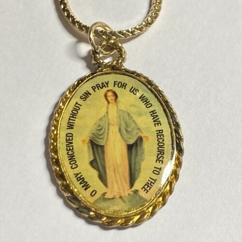 Collar Vintage Virgen O María Oración Sagrado Corazón Chapado en Oro Medalla Católica 24" - Imagen 3 de 8