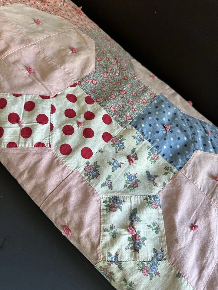 Vtg Handmade Patchwork Bow Tie Quilt Tied 64x80 Cottage Farmhouse Shabby 1930’s - Image 2 of 4