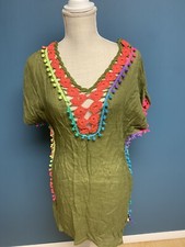 Women's Green gauzy PomPom Crochet Beach Cover Up Boho hippy festival fairy 