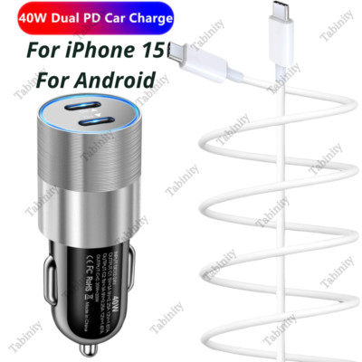 For Android iPhone 15 Plu Pro Max 40W Dual Type C Car Charger Adapter USB C Cord