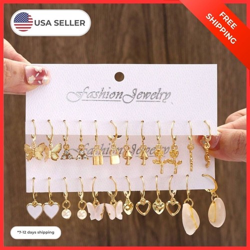 12pairs Gold Butterfly Heart Drop Earrings For Women Daily Wear Fashion Earrings