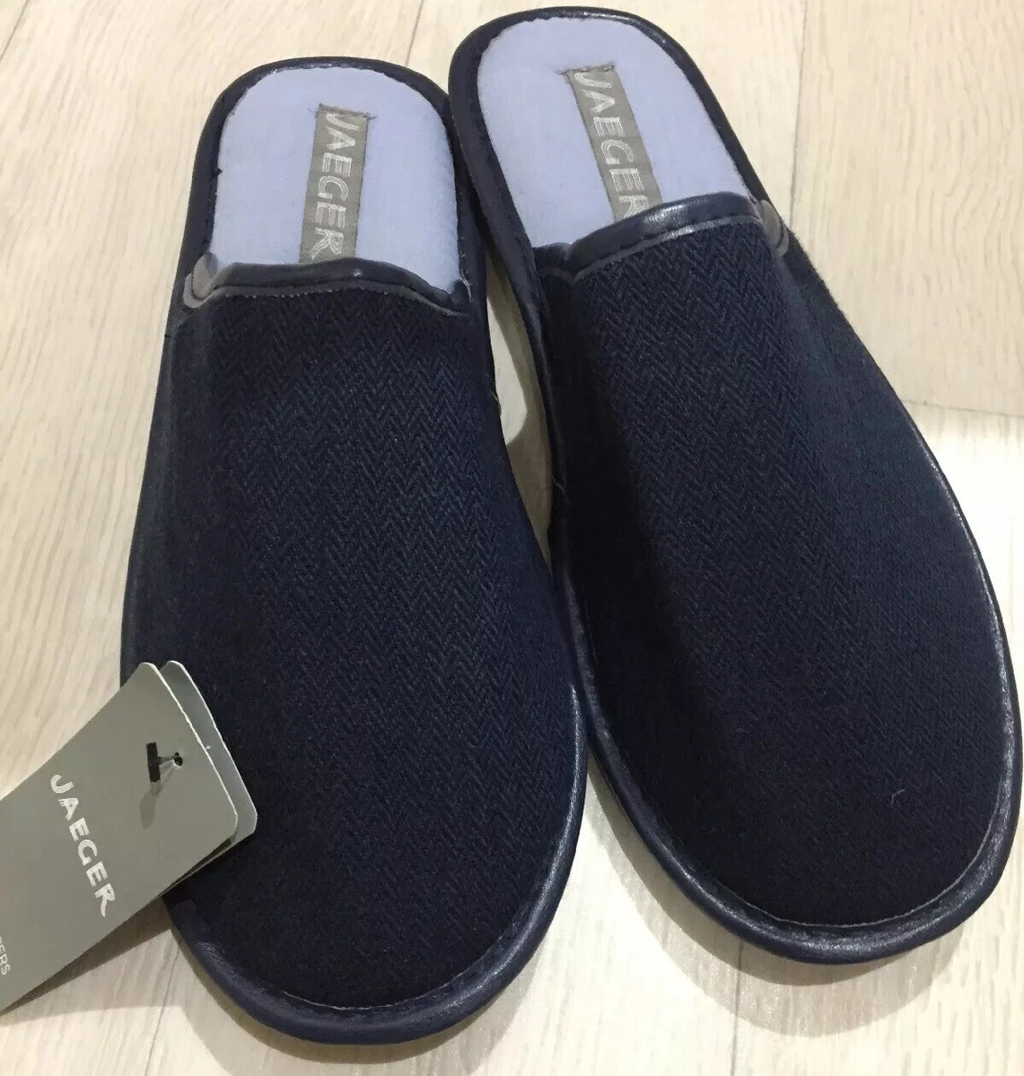 JAEGER MENS SLIPPERS NIGHT NAVY HERRINGBONE 6 7 COMFY SLIP ONS
