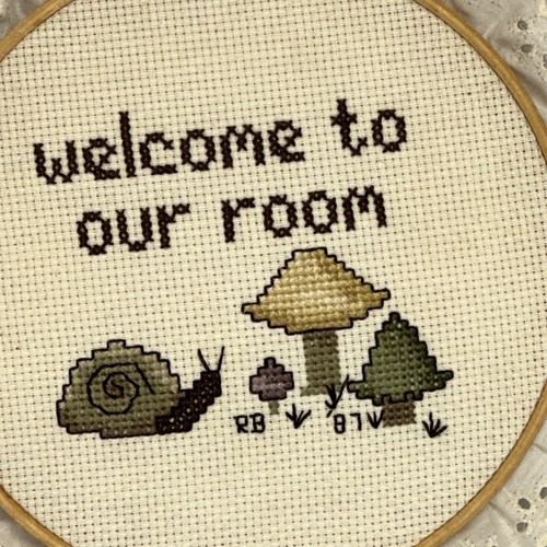 Handmade Needlepoint Cross Stitch "welcome to our room" Snail Mushroom Art Piece - Picture 2 of 4