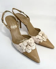 Valentino Garavani Pink & Tan Floral Applique Slingback Heels Vintage Y2K EU 37