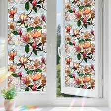 Magnolia Flower Window Privacy Film 2Pcs, Stained Glass Films Home Window Dec...