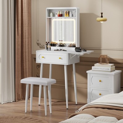 Small Dressing Table Vanity Set with Mirror Lights Chair Drawers & Sliding  Door | eBay
