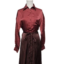 Zara Shirt Dress Womens Small Burgundy Cupro Belted Button Front Midi Collared