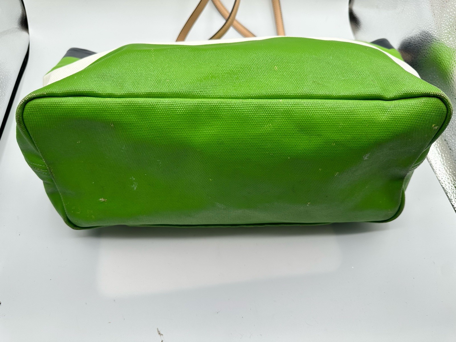 Kate Spade Striped Multicolor Coated Canvas Tan Natural Leather Trim Tote Bag thumbnail 6