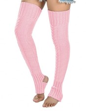 Women's Cable Knitted Thigh high Leg Warmers Extra Long One Size, Pink-826