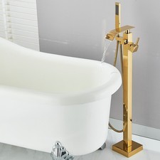 Freestanding Bathtub Faucet Gold Tub Filler Floor Mount Spout With Hand Shower