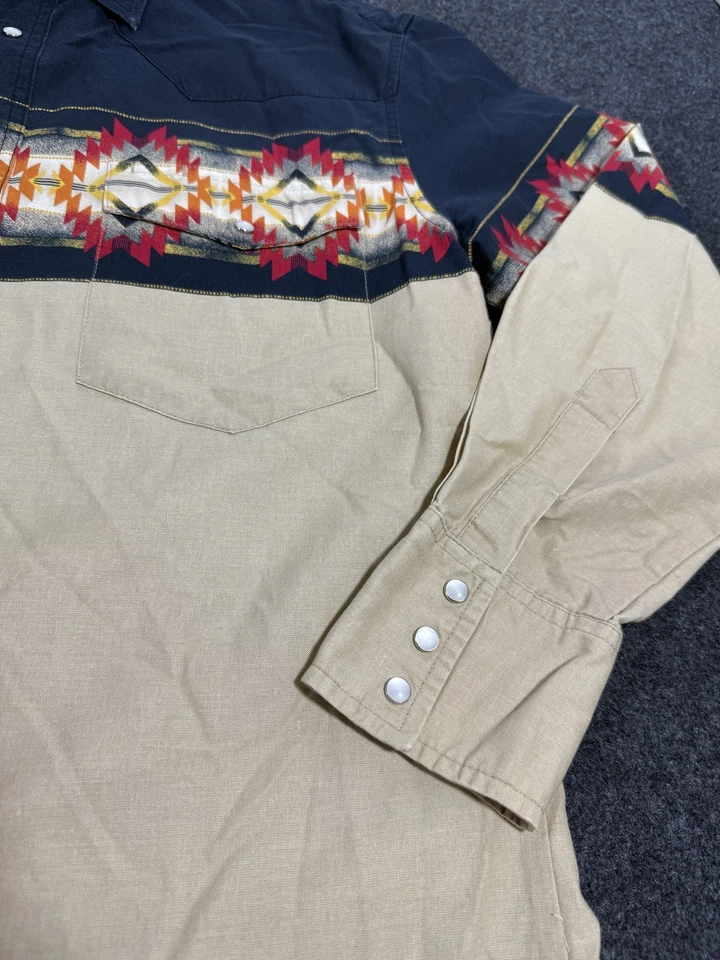 Camisa Rustler De Colección Para Hombre Mediana Beige Negra Azteca Suroeste Perla A Presión Años 90 Foto 3 de 4