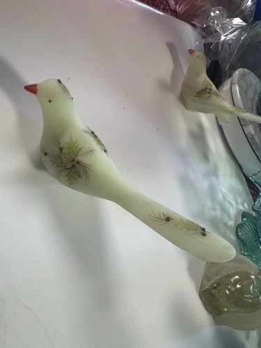 Vintage FENTON Christmas Dove Iridescent Glass Long Tail Bird Holly Berry Signed